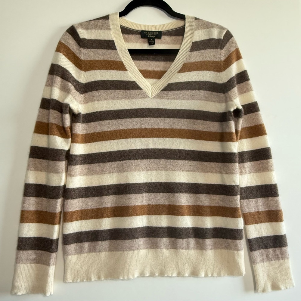 Charter Club 100% Cashmere Striped V-Neck Sweater Women’s Size S Brown Tan